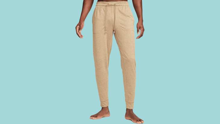 A pair of tan jogger-style sweatpants