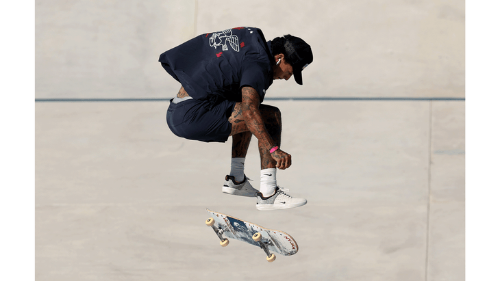 Skateboarder Nyjah Huston of Team United States competing in the Men's Street Finals portion of the Paris Olympics 2024