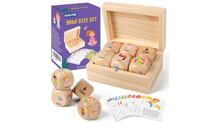 example of a yoga dice set with instructional cards and illustrations