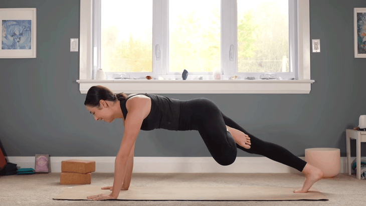 yoga with kassandra practicing plank with one foot against the other thigh