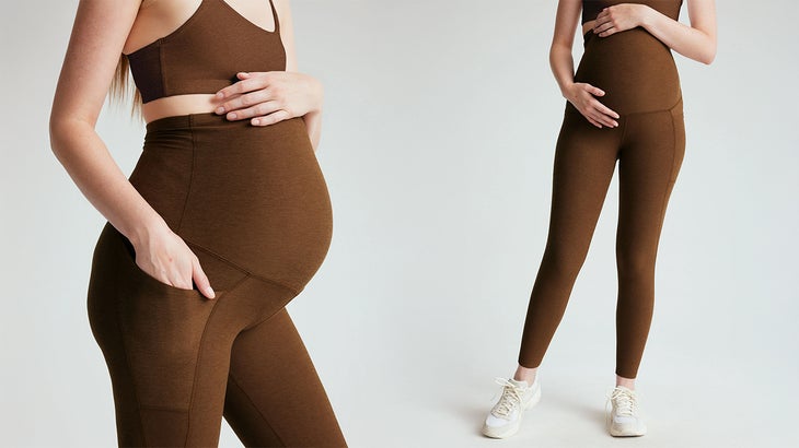 a model wearing brown maternity yoga pants from two angles