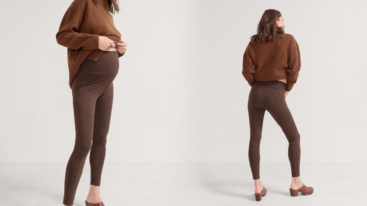 a woman modeling a pair of chestnut brown maternity yoga pants