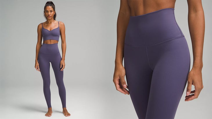 a woman modeling purple maternity yoga pants from two angles