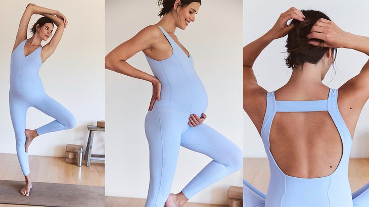 three images of a woman modeling a baby blue pair of maternity yoga pants