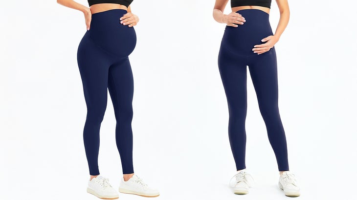 Woman modeling navy maternity yoga pants from two angles