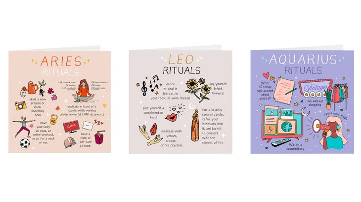 three greeting cards with astrology rituals for Aries, Leo, and Aquarius signs