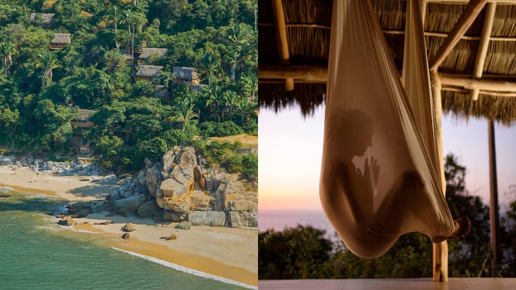 a split image with an aerial view of a tropical shore line with buildings hidden in a forest, and an image of a woman relaxing in a silk hammock at sunset