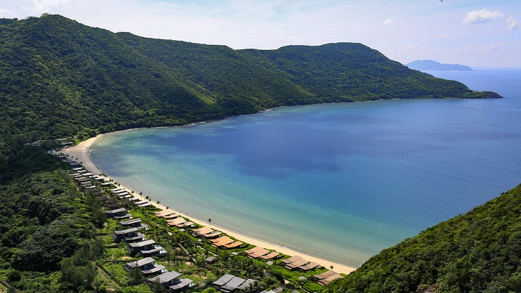 Mountain peak view of a coastal bay on an island 