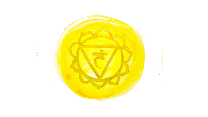 Watercolor with a yellow backdrop and the symbol for the solar plexus symbol