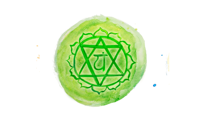 Green watercolor dot with the symbol for the heart chakra