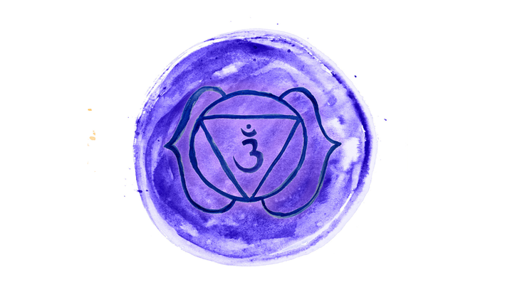 Purple watercolor blob with a symbol for the third eye chakra