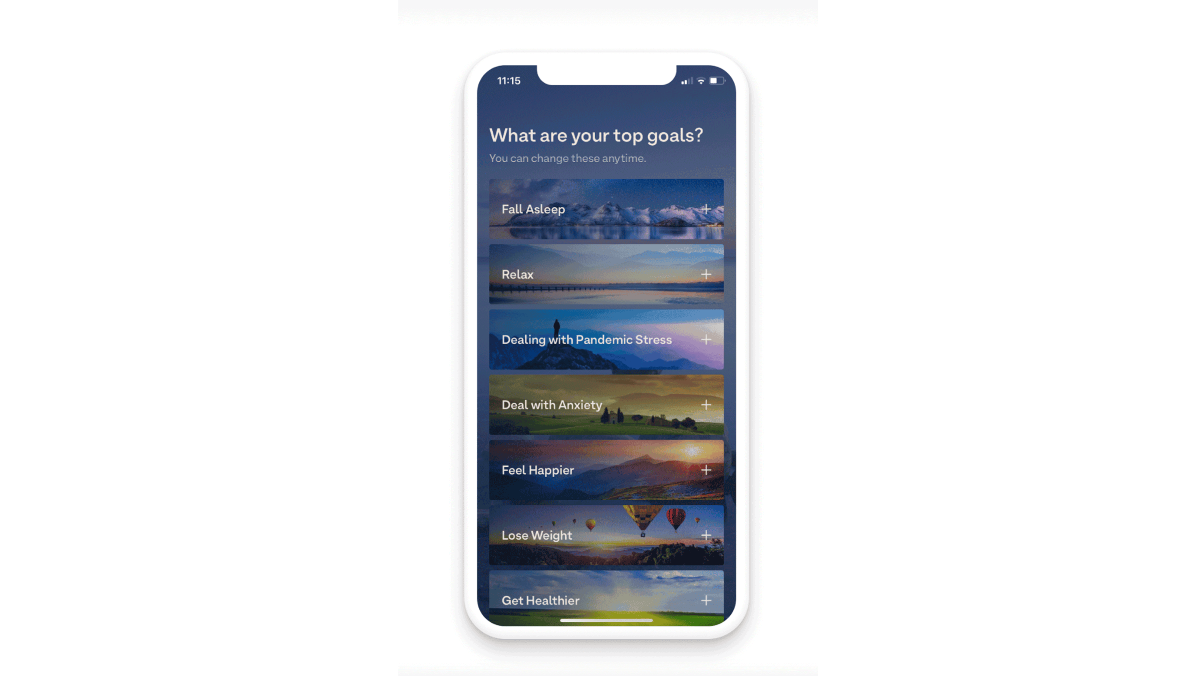 Screenshot from the Breethe app that poses a series of questions related to why you need to practice breathing
