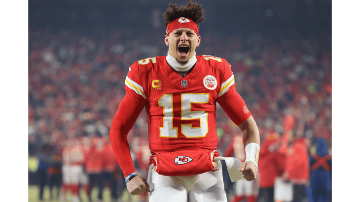 Kansas City Chiefs' quarterback Patrick Mahomes on field in front of the crowd in January 2025