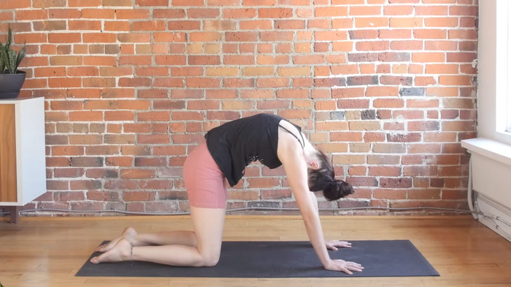 Woman in Cat Pose on her yoga mat placed on a hardwood floor with a brick wall background.