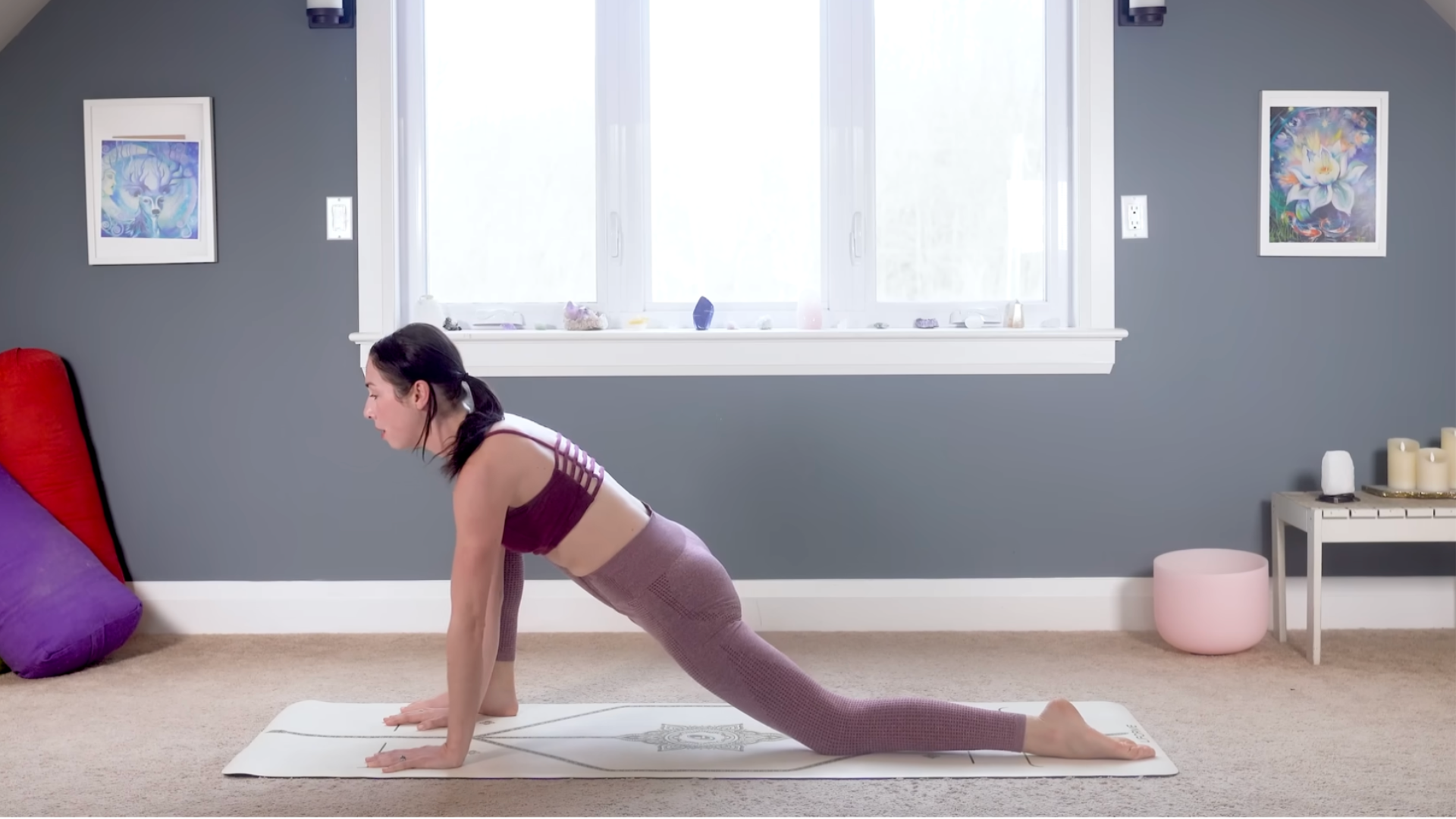 Woman in a low lunge during 15-minute yoga to stretch the hip flexors