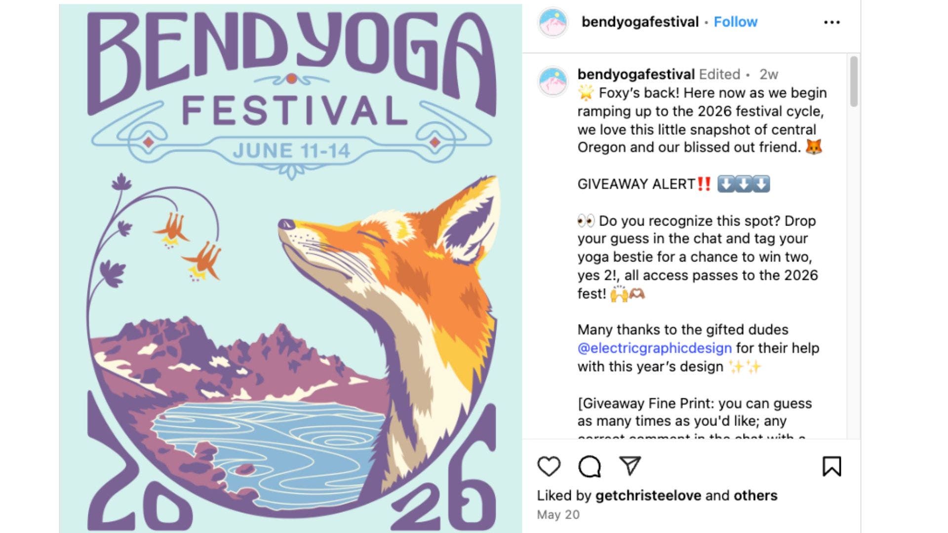 Image advertising the 2026 Bend Yoga Festival with an animated fox and mountains in the background.
