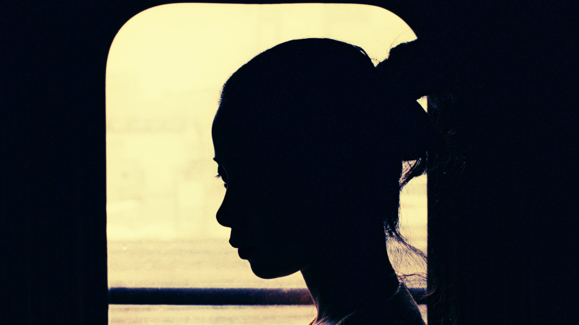 Silhouette of a woman looking out a train window