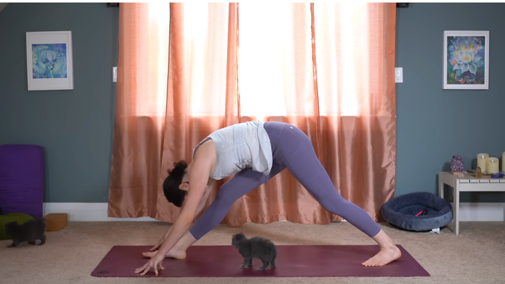 Yoga teacher on a mat practicing a hamstring stretch routine with Pyramid Pose