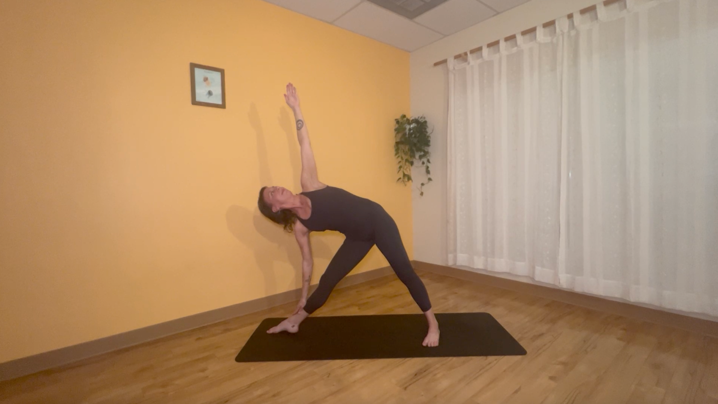yoga teacher practicing moon salutations in triangle pose