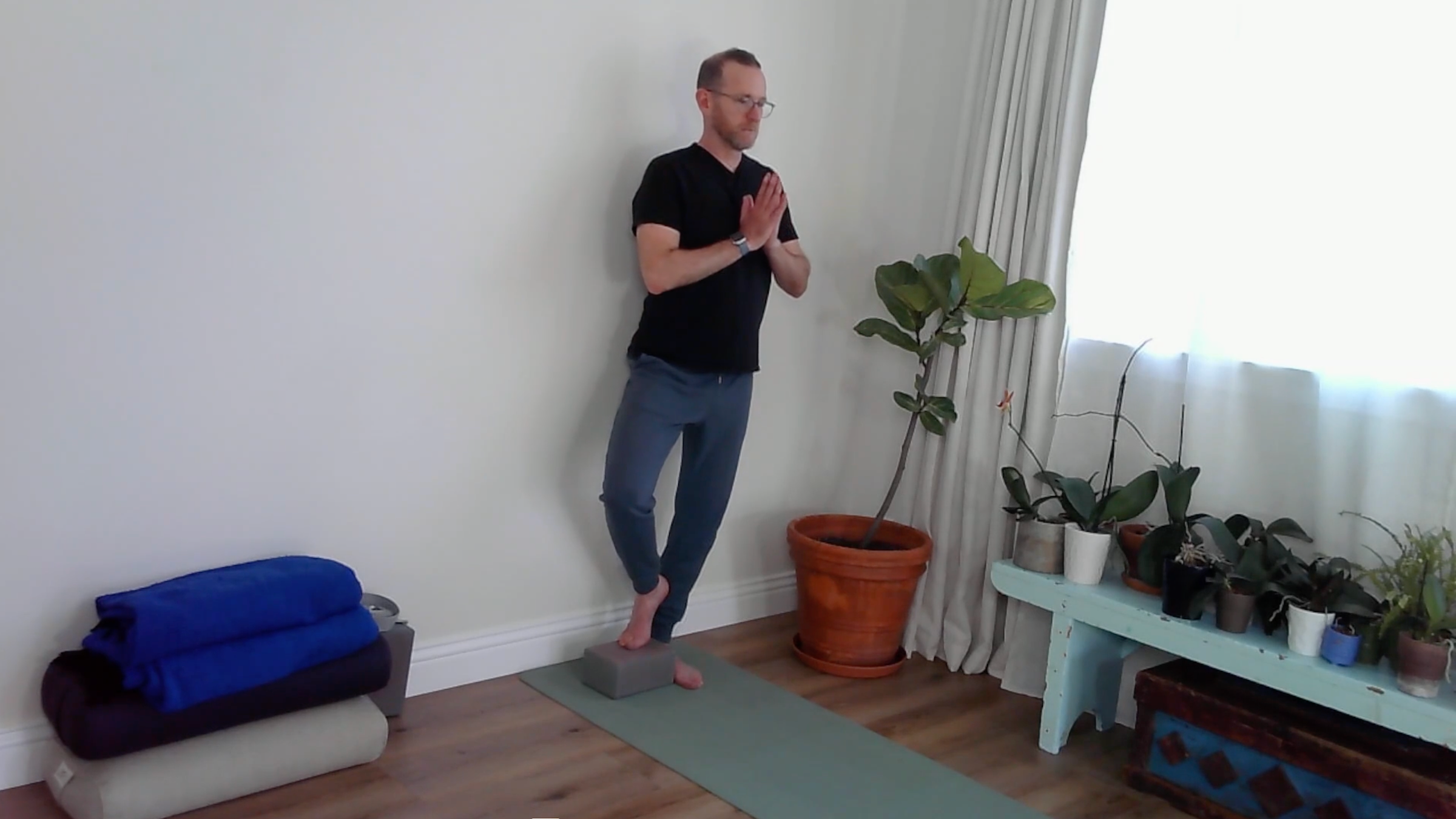 A yoga teacher practicing wall yoga in Tree Pose
