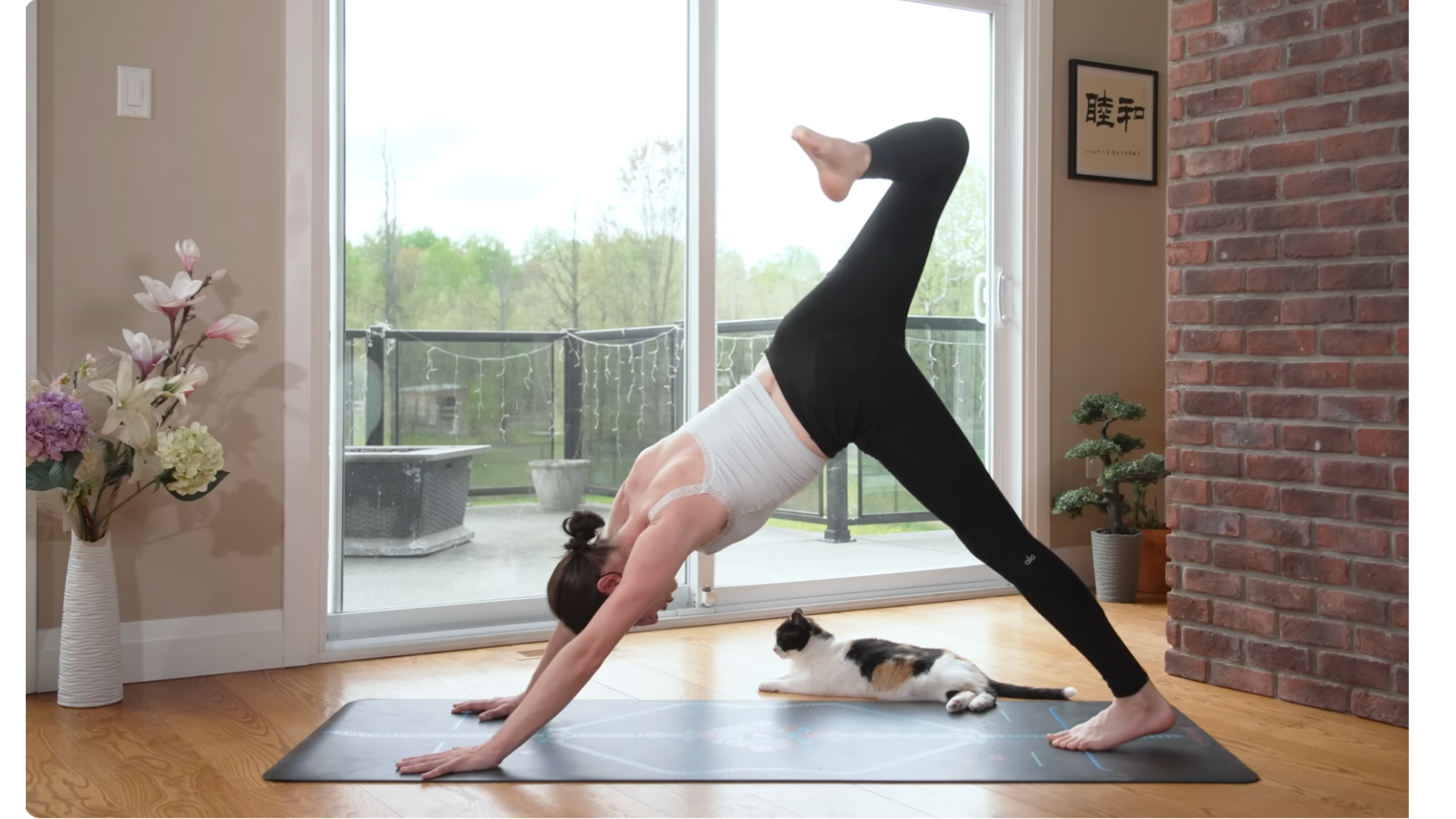 Yoga teacher taking a hip opener in Down Dog