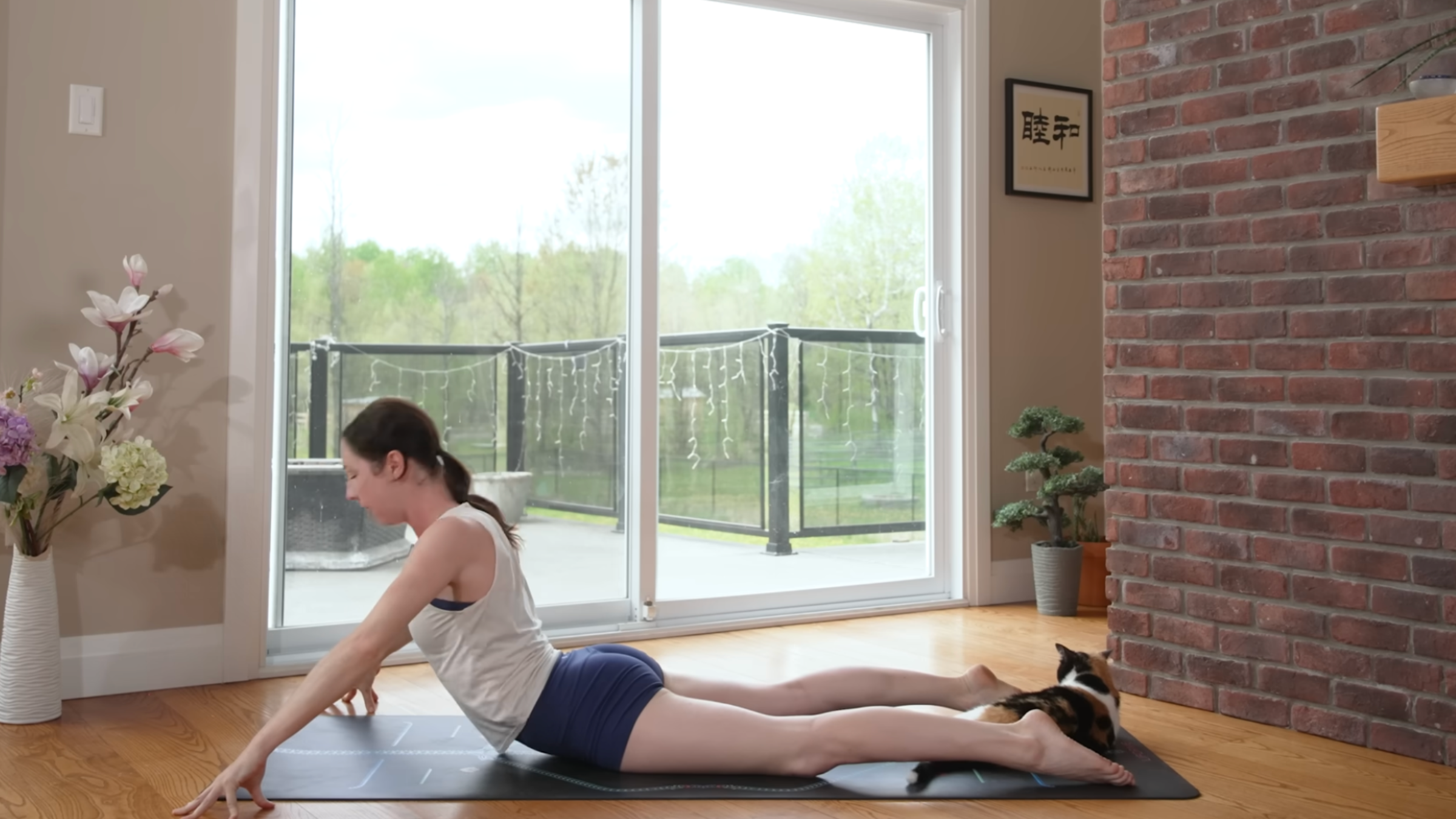 woman in cobra pose on yoga mat in home with cat between feet
