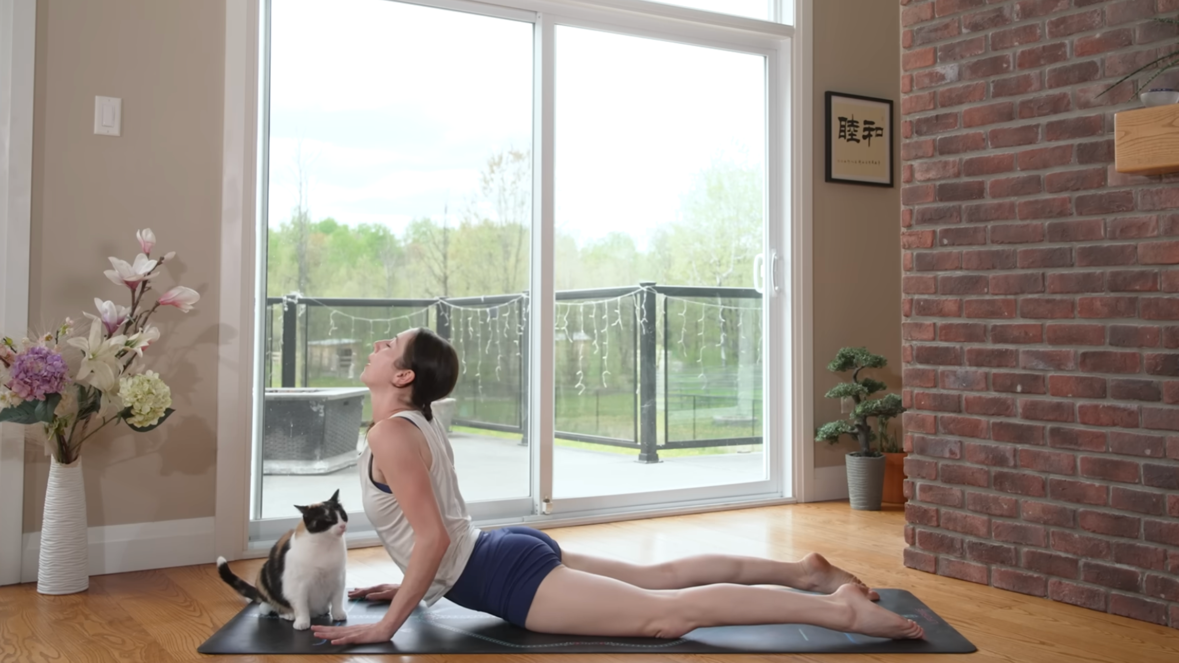 woman in cobra pose on yoga mat in home with cat sitting on mat in front of her