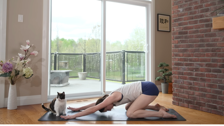 woman in child's pose on mat in home with cat sitting on mat near hands