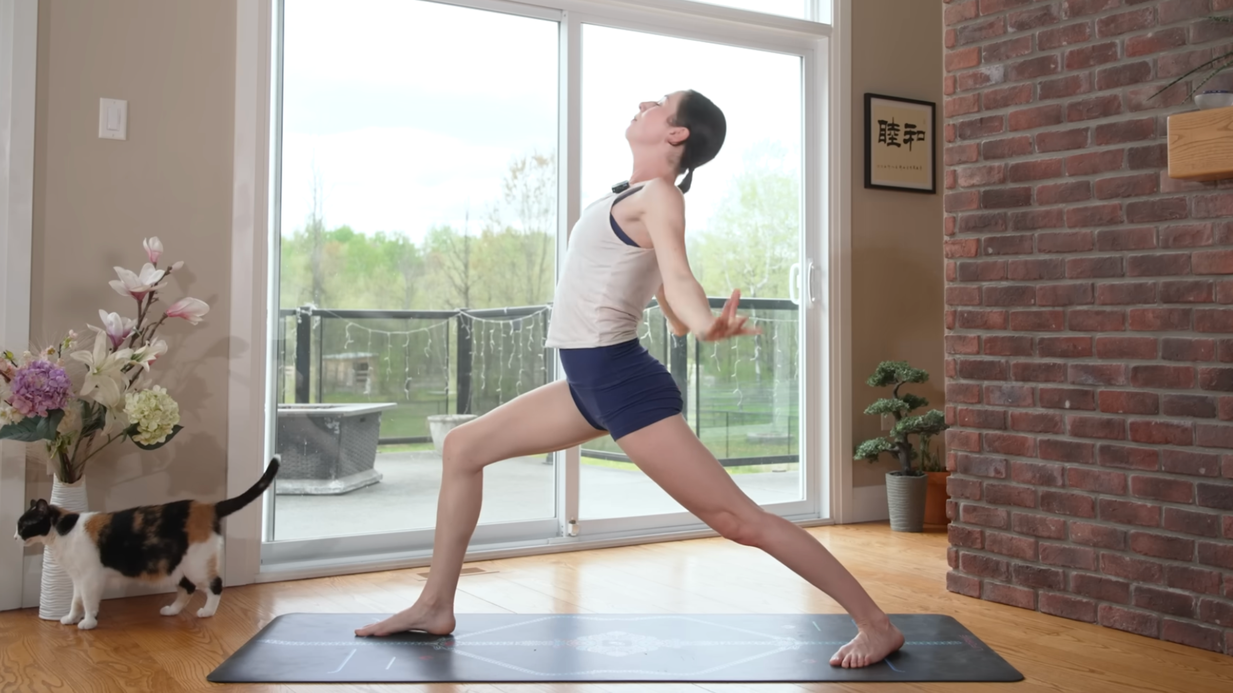 woman in warrior i pose on yoga mat with cat walking away in home