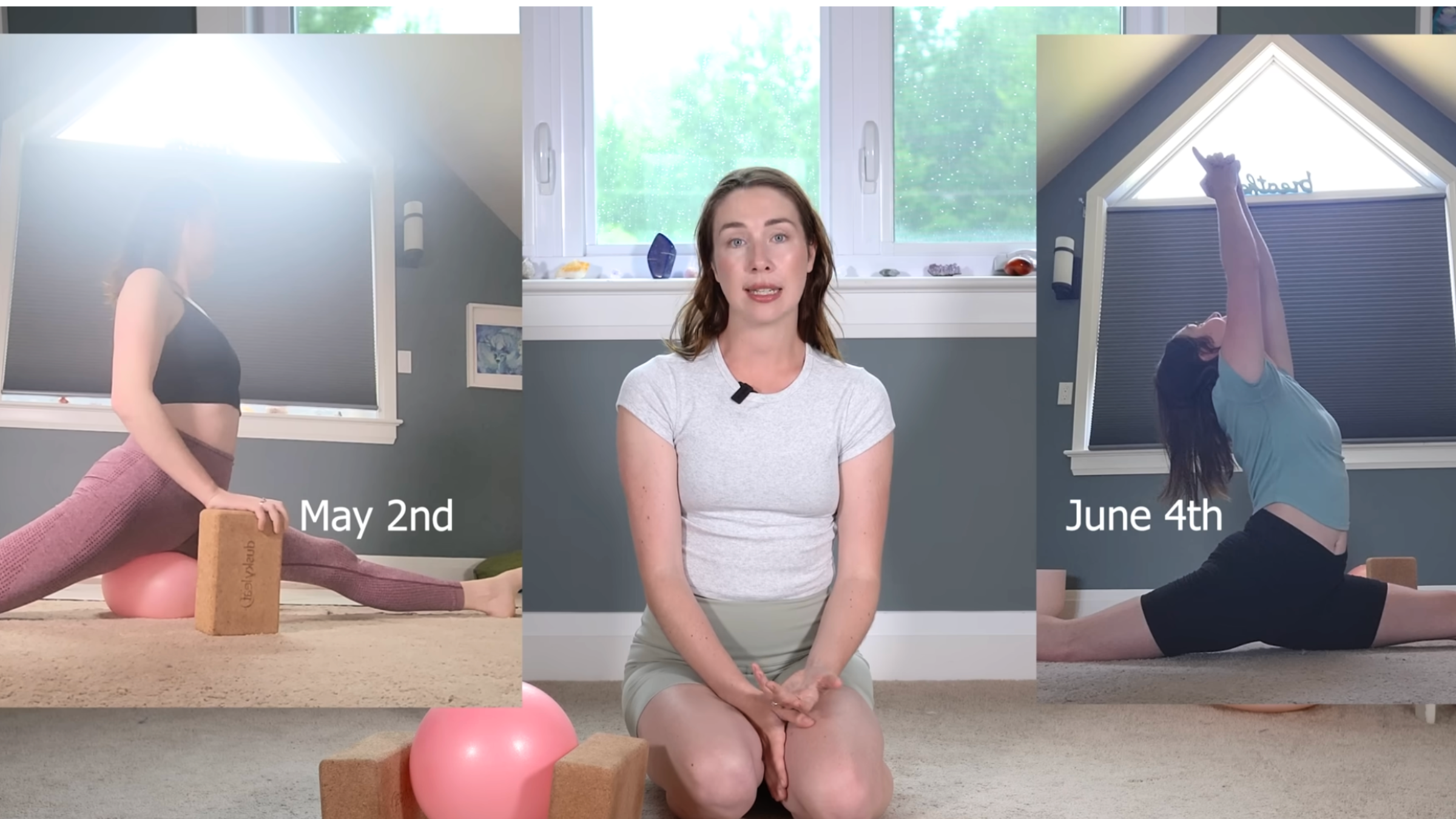 yoga teacher kneeling with overlaid screenshots of herself doing the splits on May 2nd with blocks and a ball for support and June 4th without any support