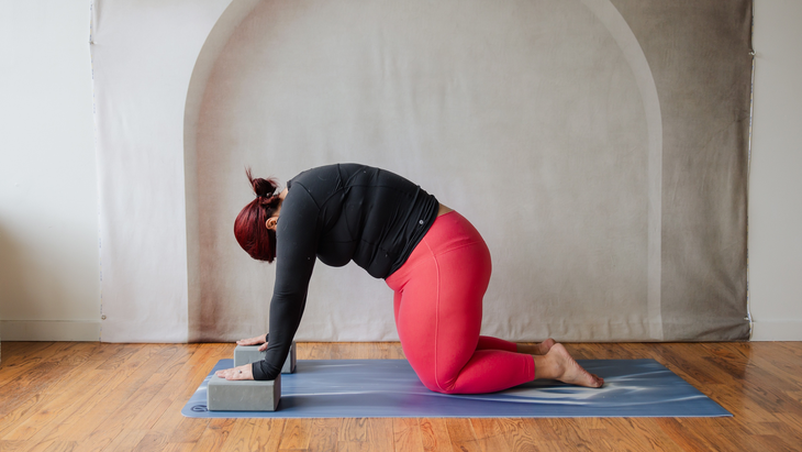 woman in black shirt and red pants in cat position with hands on blocks on top of yoga mat set on wooden floor