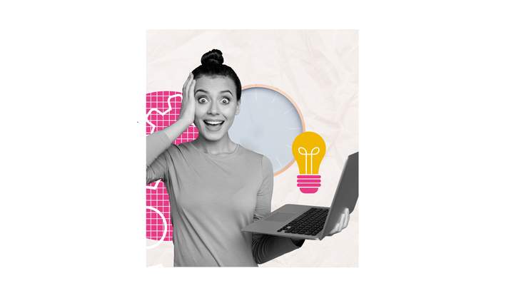 Collage illustration of a woman holding a laptop and having a brilliant idea