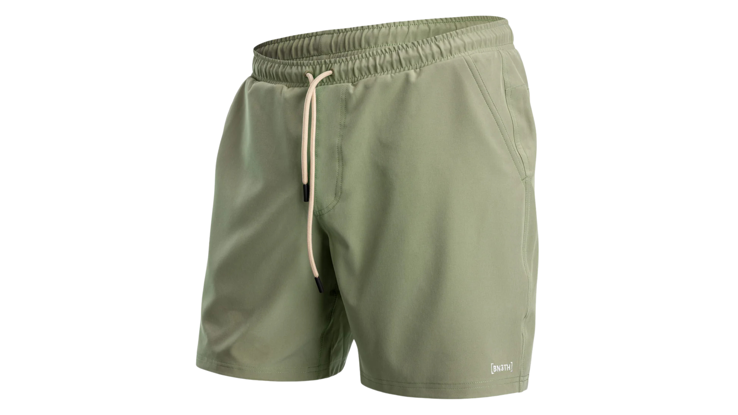 pair of men's BN3TH amphibian shorts in olive green color with tan drawstring on plain white background