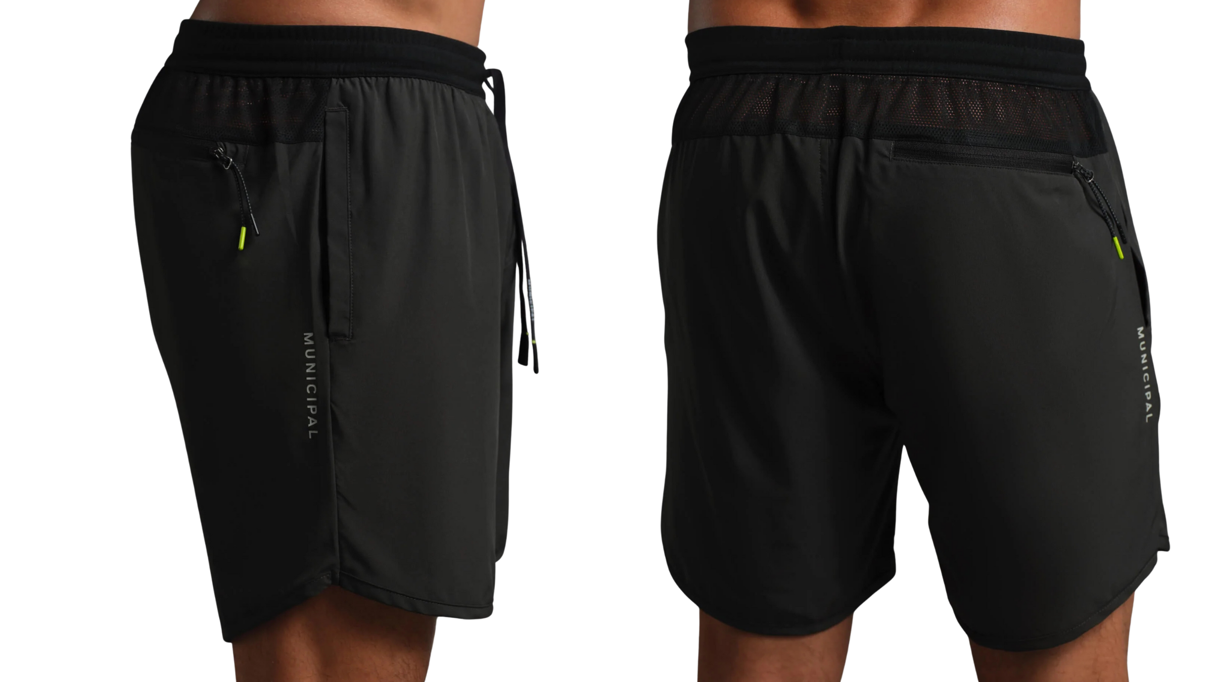 Men's amphibian shorts in black color with drawstring worn on male model, shown from two angles
