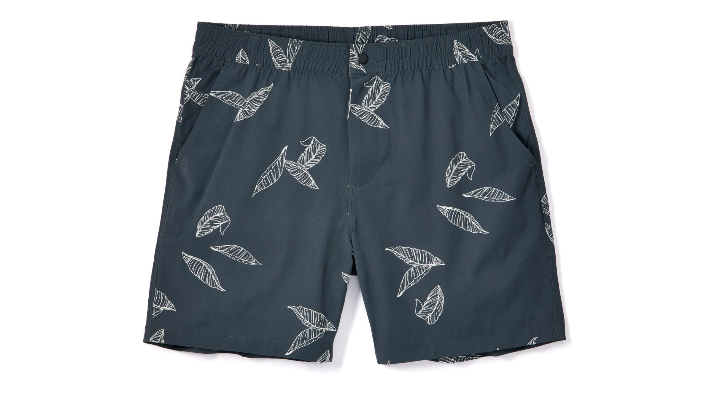 men's amphibian shorts with white leaf pattern on dark gray background shot with plain white background
