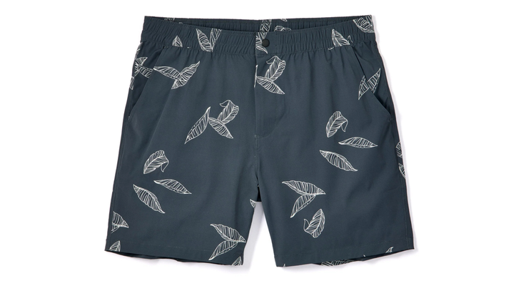 men's amphibian shorts with white leaf pattern on dark gray background shot with plain white background