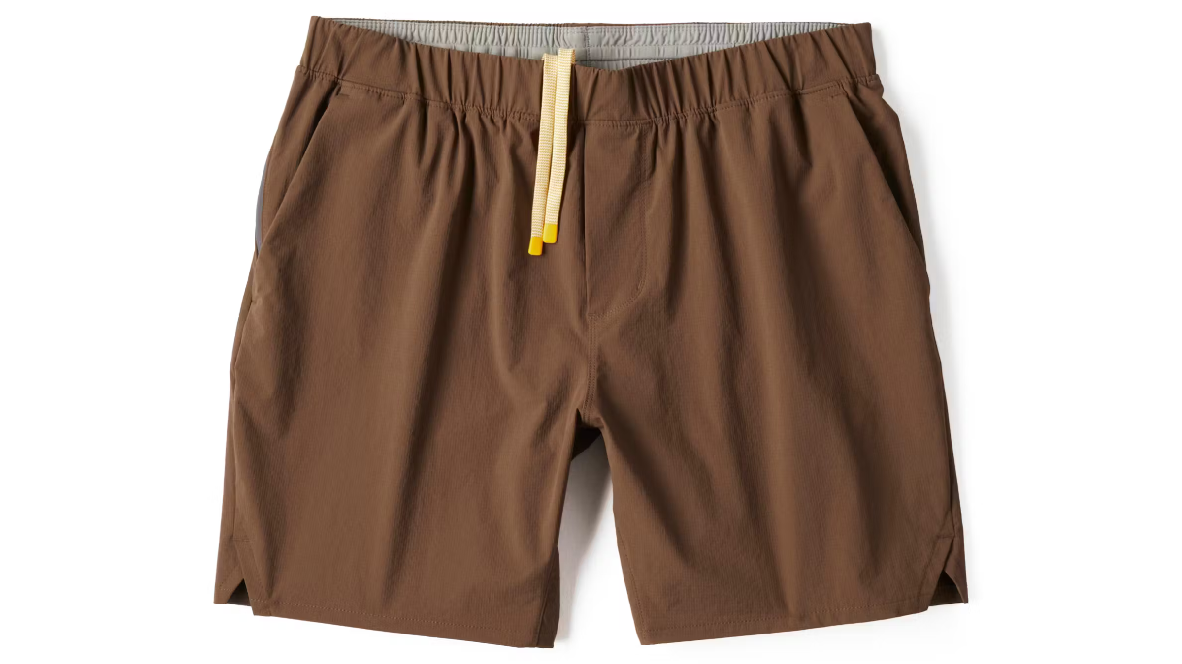 Men's Wellen amphibian shorts in brown color with yellow drawstring shot on white background