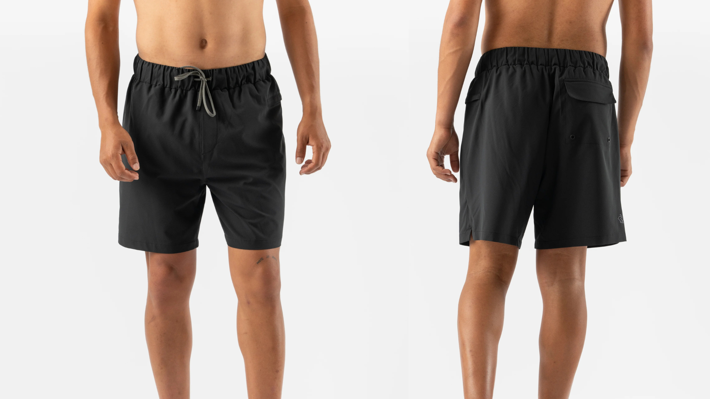 men's amphibian shorts in black worn on male model shown from two different angles