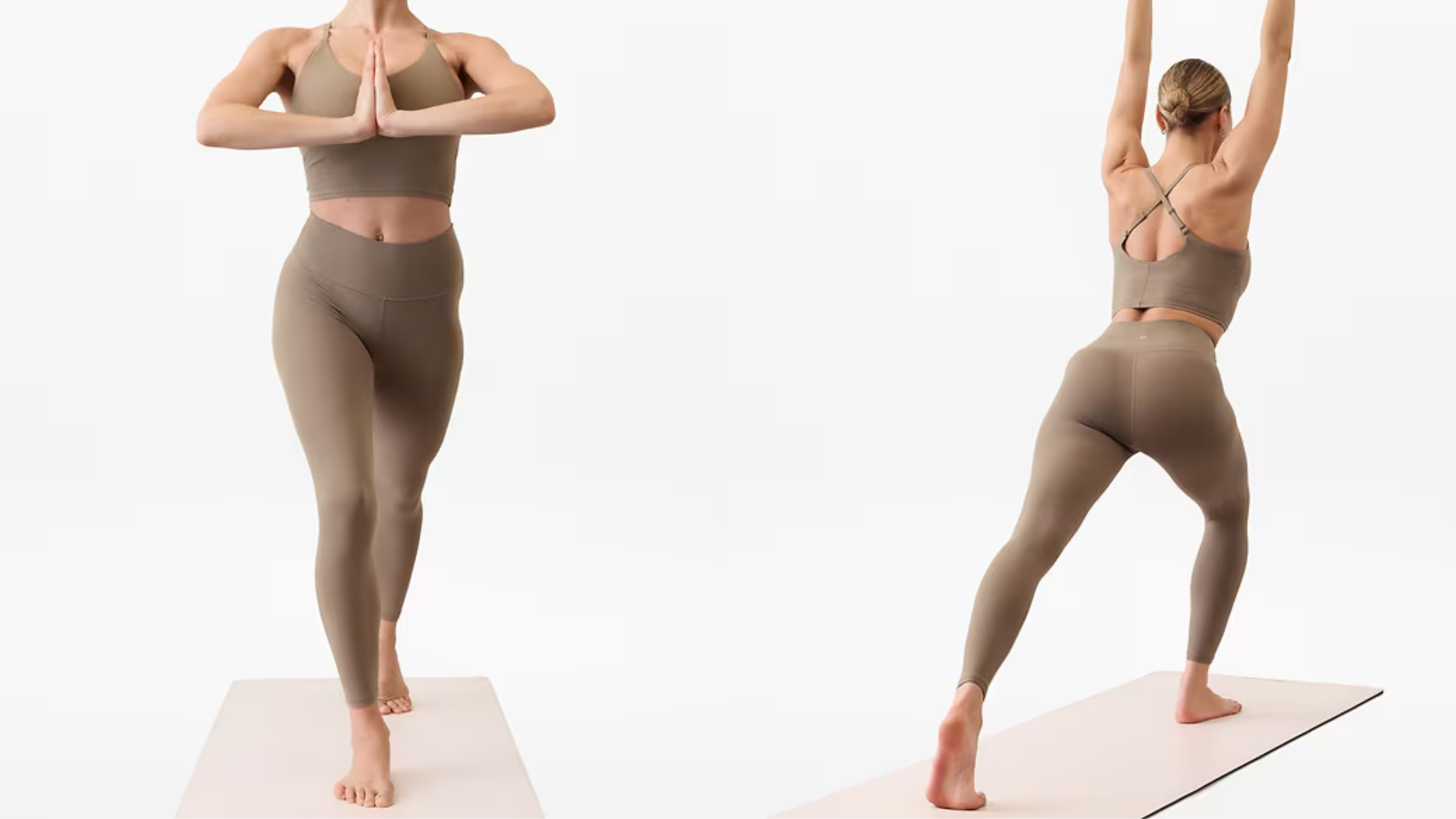 side by side images of woman in matching tan-colored yoga tights and crop top doing warrior 1 on yoga mat from two different angles