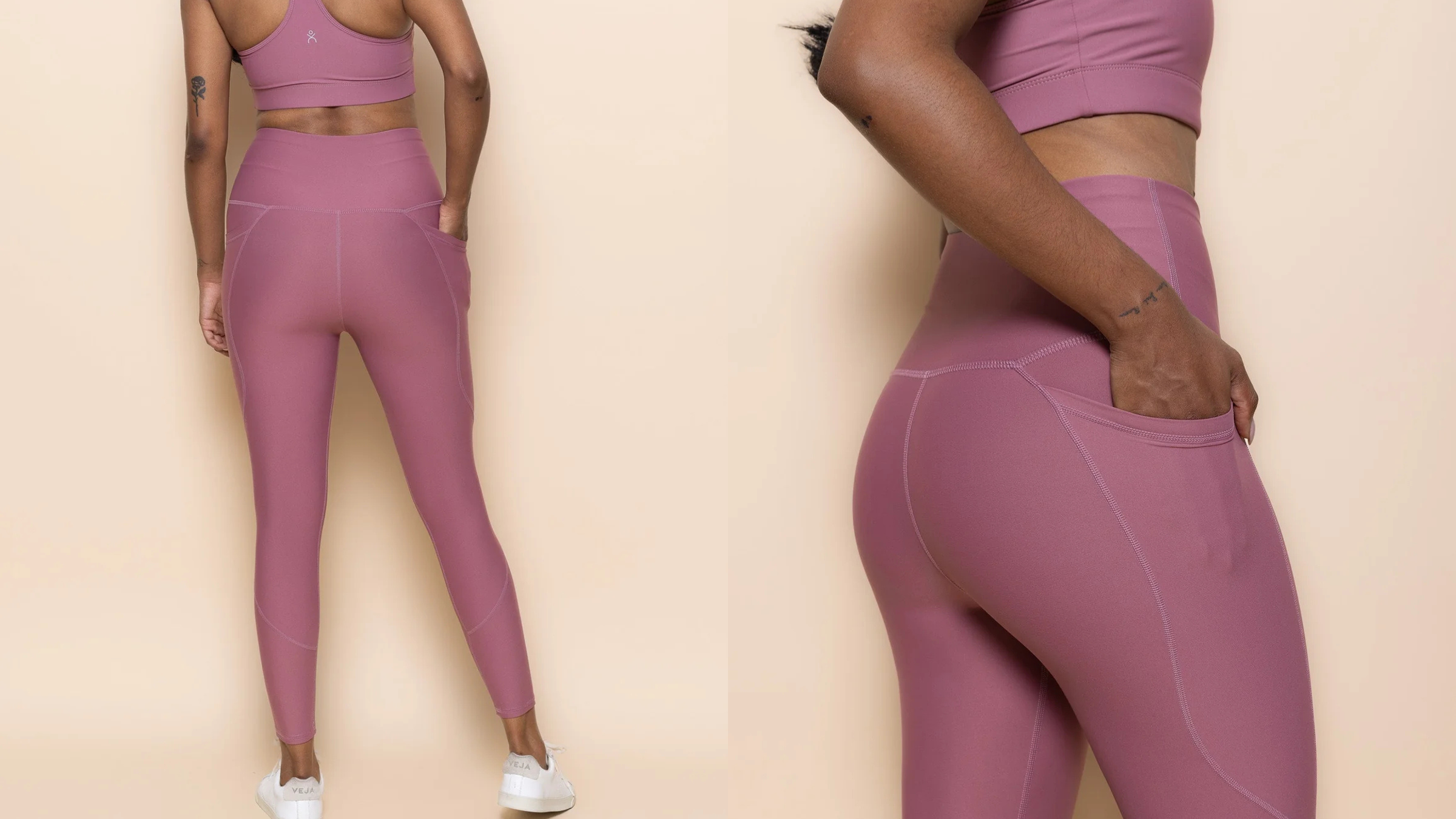 bottom half of woman wearing pink yoga pants and white shoes with matching crop top, from two angles