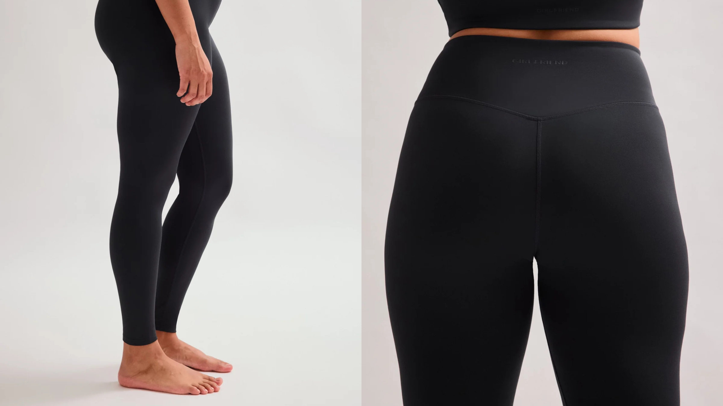 side-by-side images of the bottom half of a woman wearing black leggings from two angles