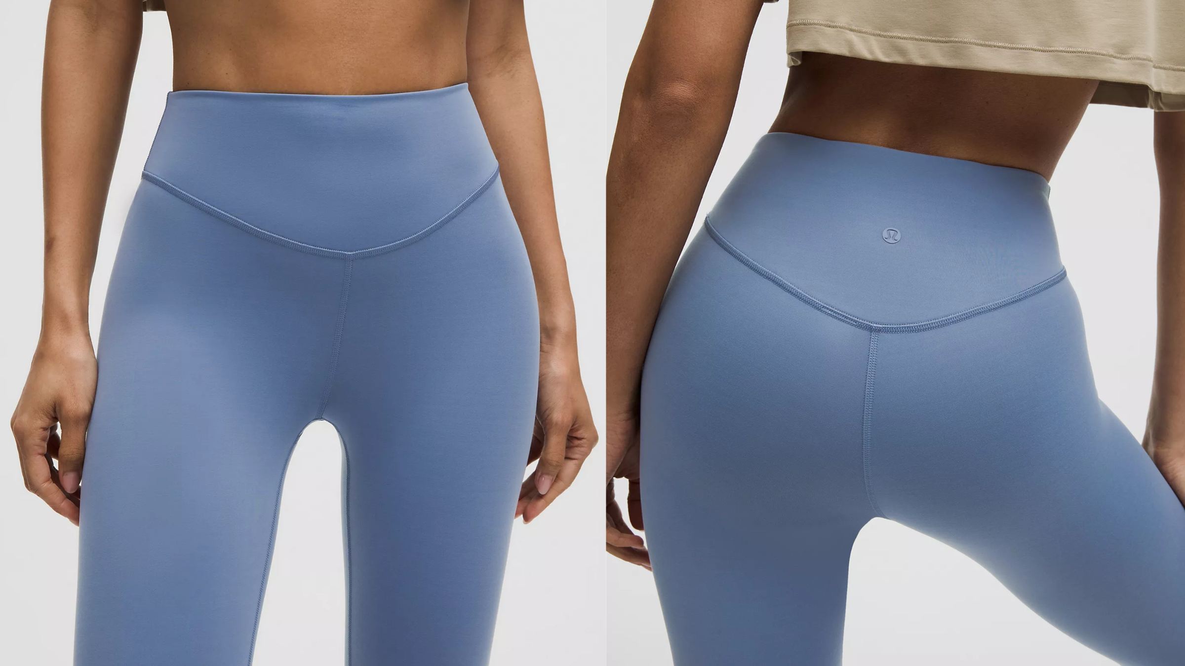 Side-by-side images of the bottom half of a woman wearing blue lululemon tights, front and back