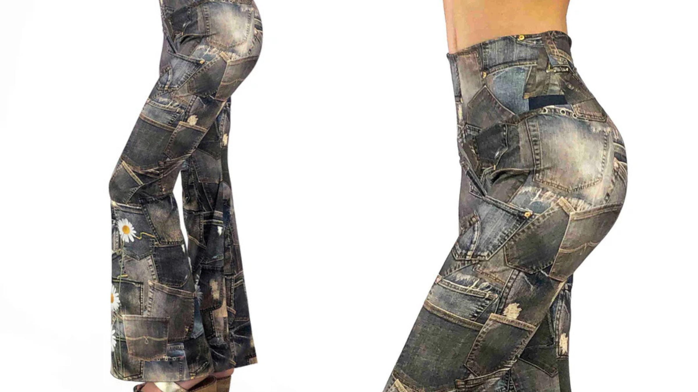 side-by-side images of woman wearing bell bottom yoga leggings with denim patchwork pattern both from the side angle