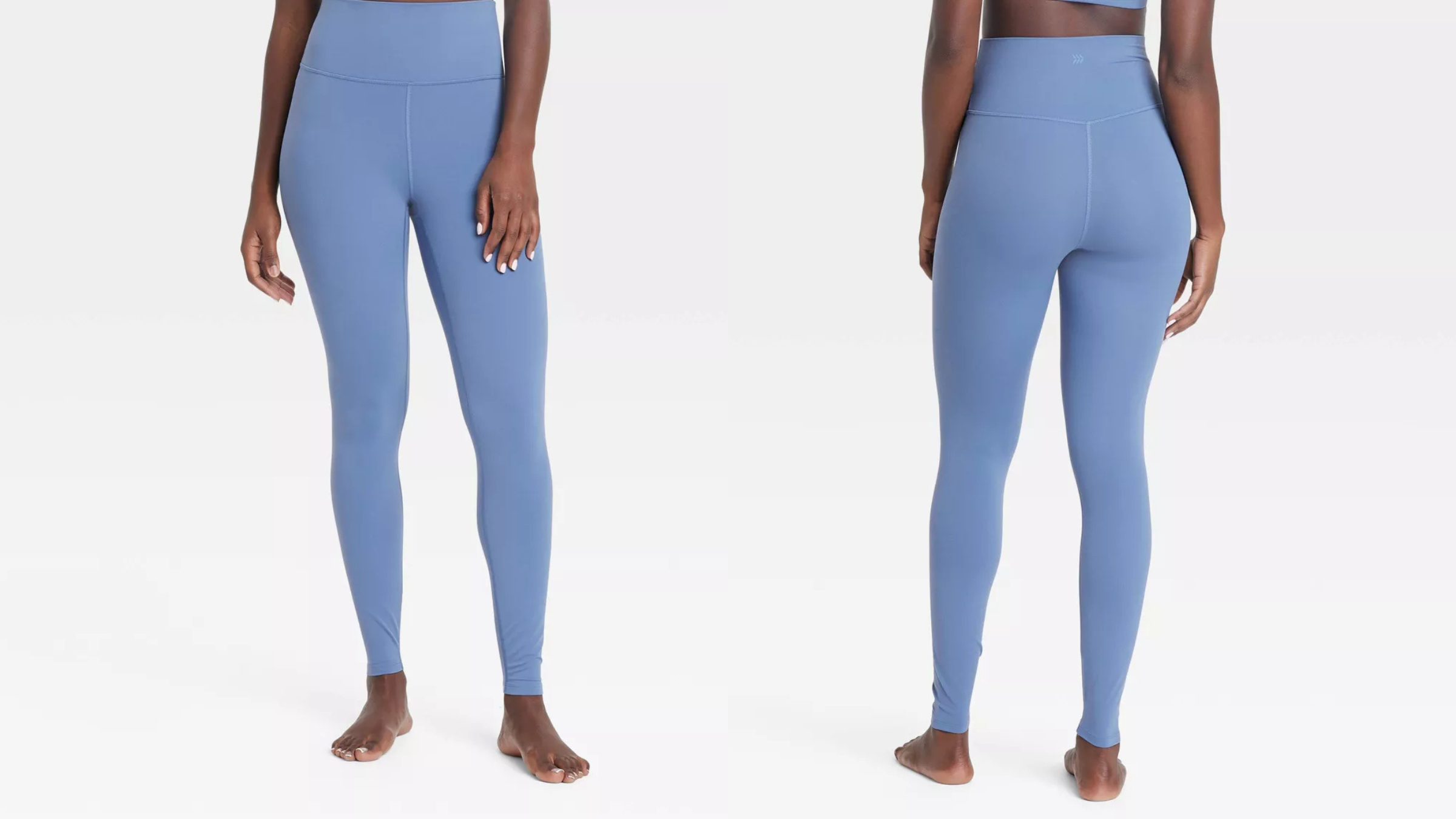 side-by-side images of bottom half of woman wearing light blue yoga pants from front and back views