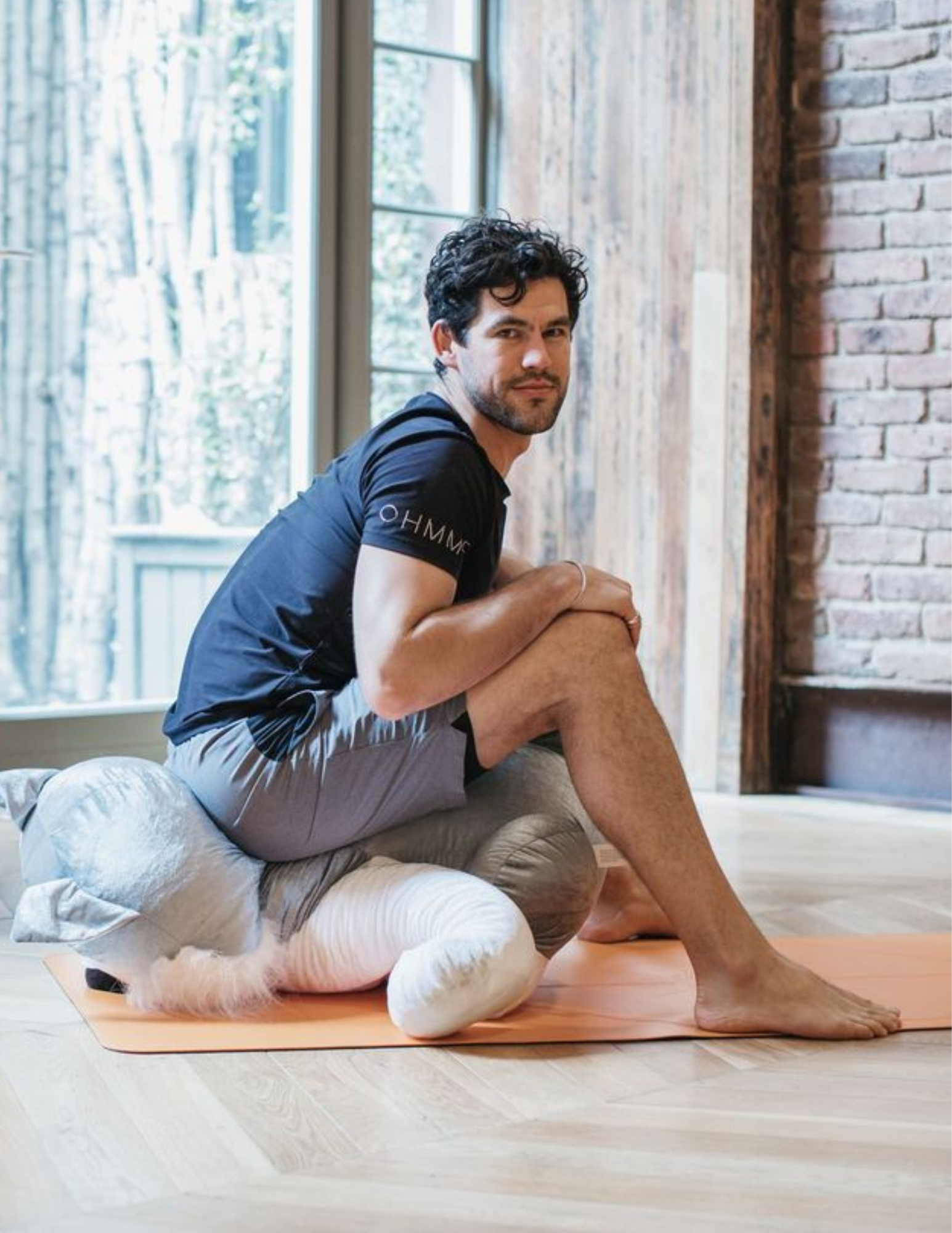 Yoga teacher Adam Husler sitting on a stuffed animal demonstrating a bad physical adjustment in yoga