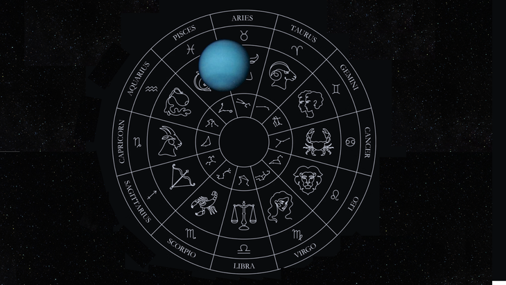 Illustration of a zodiac chart with the planet Neptune in retrograde straddling Aries and Piesces