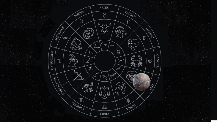 Black and white illustration of the zodiac circle with the planet Mercury in Leo