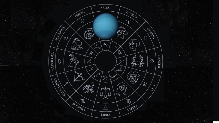 Black and white illustration of the zodiac circle against the night sky with the planet Neptune in Aries