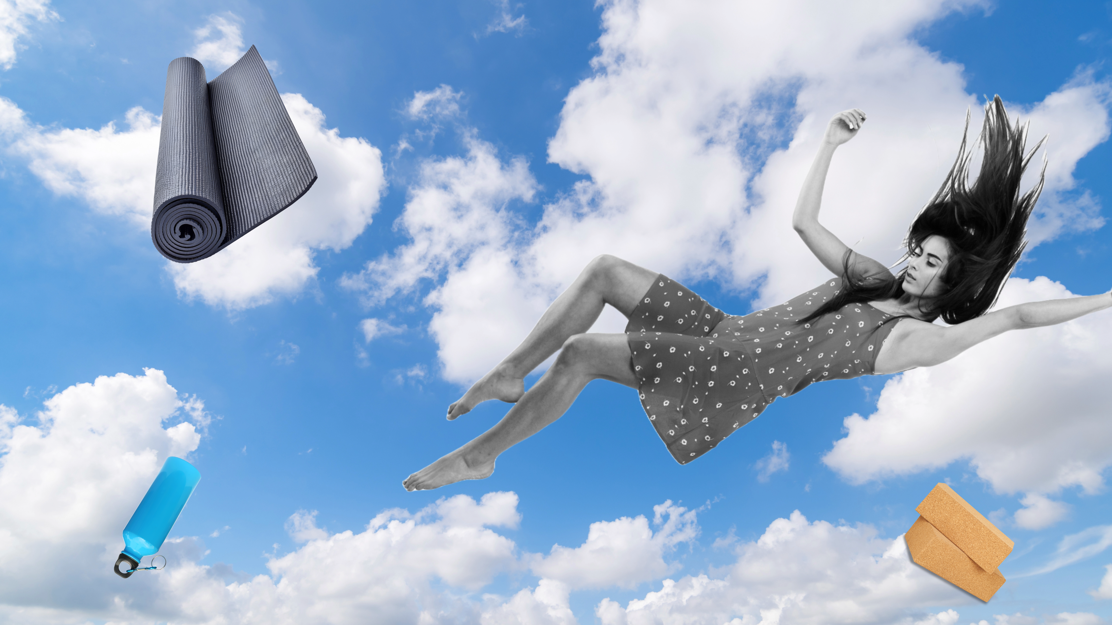 Surrealist photo and illustration collage of a yoga teacher falling amid clouds along with a yoga mat, blocks, and water bottle
