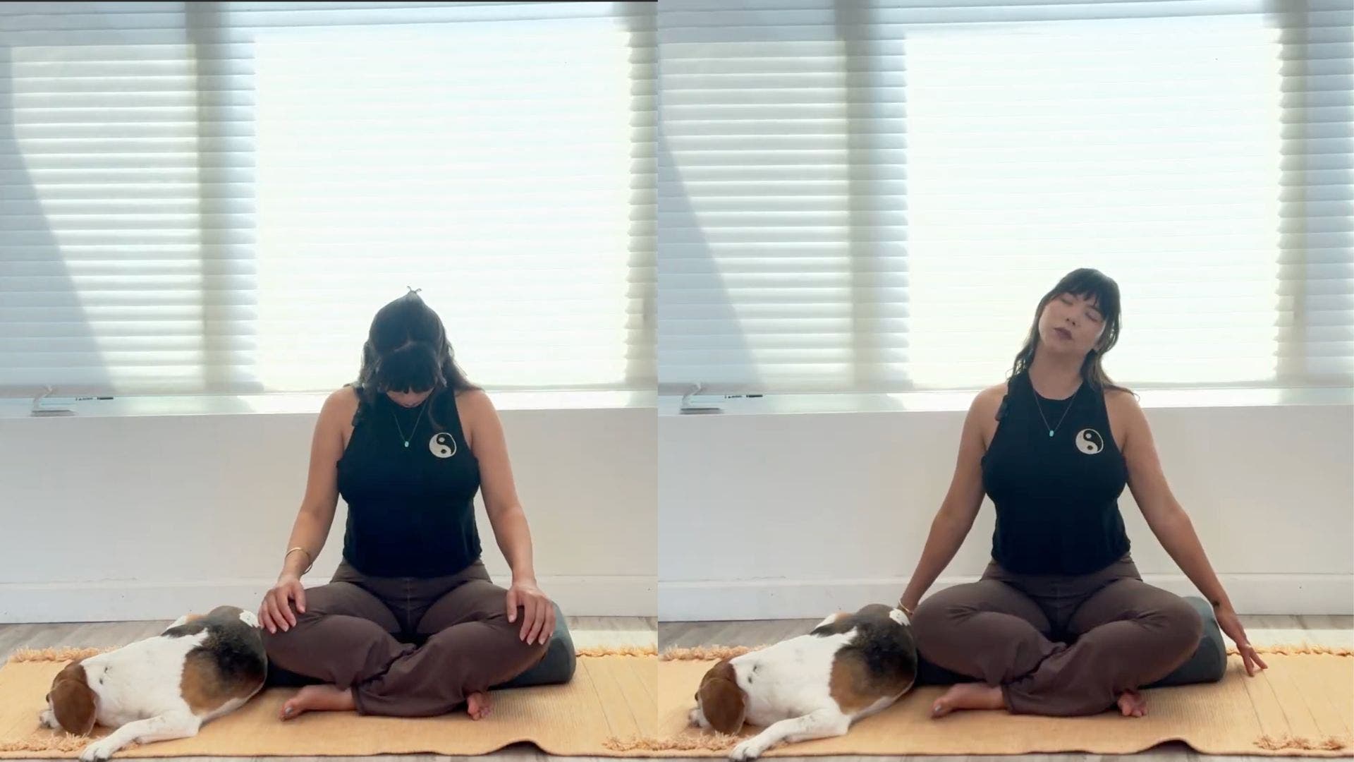 Woman sitting on yoga mat practicing different neck stretches.